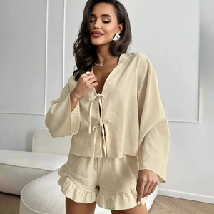 Women Long Sleeve Lace-up Top And Ruffle Shorts Loungewear Set Cotton Pajamas Casual Home Wear Top And Bottom
