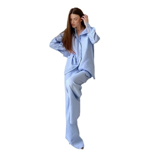 Women's 2-piece light blue cotton pajamas set with long sleeve shirt and wide-leg pants