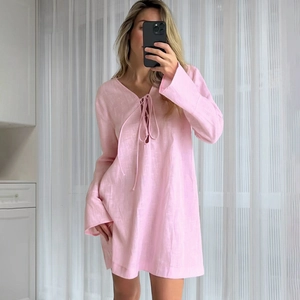 Pink long sleeve cotton sleepwear dress with V-neck tie and flared cuffs in loose fit