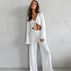 Women Sexy Knitted Lounge Set Tie Up V Neck Long Sleeve Crop Top And High Waist Wide Leg Pants Pajama Set Outfits