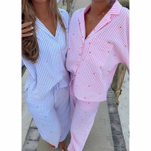 Women Striped Heart Embroidered Pajamas Long Sleeve Top And Pants Homewear Casual Cotton Blend Soft Nightwear Loungewear
