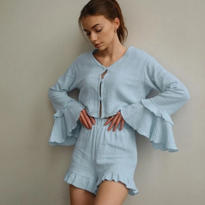 Women Pure Cotton Pajama Set Long Sleeve Ruffle Flare Sleeve Top And Bottom Shorts Crinkle Gauze Loungewear Everyday Sleepwear