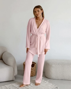Three-piece pink waffle knit loungewear set with tie-waist cardigan and wide-leg trousers