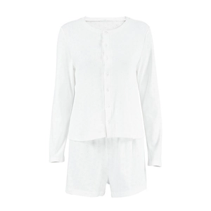 White cotton pajama set with heart jacquard long sleeve top and matching shorts