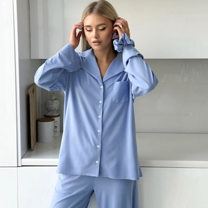 Women's light blue long-sleeve chiffon pajama set with button-down shirt and long pants