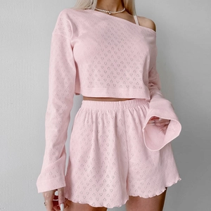 Ensemble de Pyjama Jacquard à Cœur pour Femmes Haut à Manches Longues et Short Vêtements de Détente Ensemble de Nuit Respirant