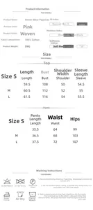 Size chart for women's long sleeve cotton pajama set with detailed fit measurements