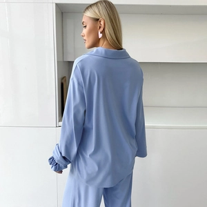 Relaxed light blue long-sleeved chiffon pajama set with loose-fit shirt and trousers