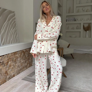 Women Cotton Heart Print Pajamas Long Sleeve Top And Bottom Comfortable Loungewear Sleepwear Soft Breathable Nightwear Home Casual Lady