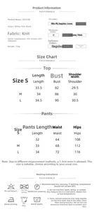 Detailed size chart for women knit pajama set with fabric details and washing guide