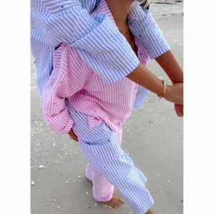 Women stripe pajama set with star embroidery in light pink and blue for home loungewear
