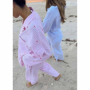 Women's heart embroidered striped long sleeve pajama set for casual lounge wear