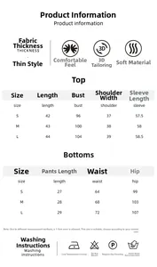 Detailed size chart for white hollow jacquard pajamas set with top and bottoms measurements