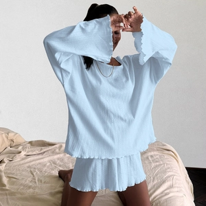 Women Ribbed Knit Loungewear Set Lettuce Trim Long Sleeve Top And Bottom Comfortable Casual Home Wear Pajamas For Lady