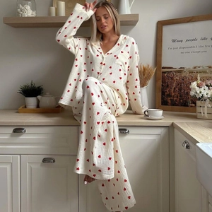 Women's heart print muslin cotton pajamas set with button-down long sleeves and pants