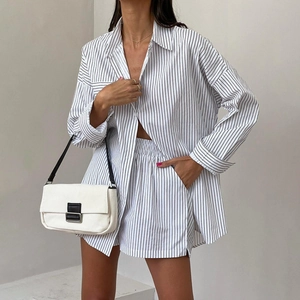 Pigiama a Righe da Donna Camicia in Cotone E Pantaloncini Loungewear Oversize con Bottoni Abbigliamento da Casa Traspirante