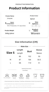 Size chart and fabric details for apricot knit robe with 95% polyester material specs