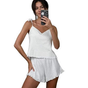 White two-piece knitted jacquard sleepwear set with camisole and ruffled shorts