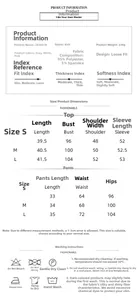 Size chart showing top and short measurements for long sleeve jacquard pajama set