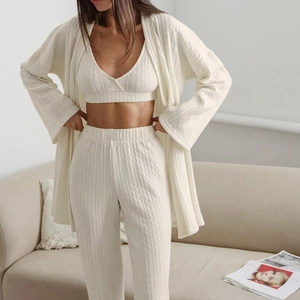 Women Casual Knitted Three-Piece Loungewear Including Long Sleeve Cardigan Crop Top Vest And High Waist Wide Leg Pants Pajamas