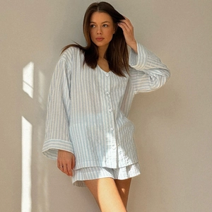 Damen Gestreifter Baumwolle Schlafanzug Langarm V-Ausschnitt Oberteil Und Shorts Loungewear Weiche Atmungsaktive Heimkleidung