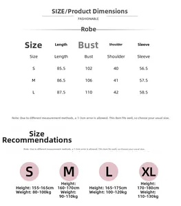 Detailed size guide table for floral satin long sleeve bathrobe showing S to XL measurements