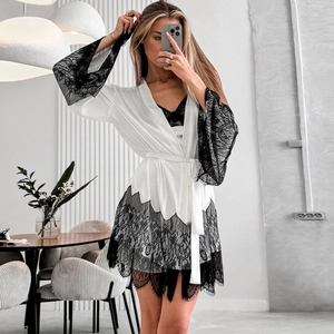 Elegant white satin robe with black floral lace trim and V-neck tie waist design