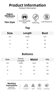 Detailed size chart for two-piece pajama set with fabric care and washing instructions