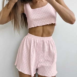 Women's Summer Knitted Heart Pointelle Pajama Set Sleeveless Crop Top And Lettuce Edge Shorts Two Piece Loungewear