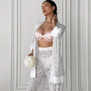 Women Floral Lace Knit Pajamas Robe Pants Top And Bottom Western Style Elegant Satin Splicing Loungewear Home Wear Dress