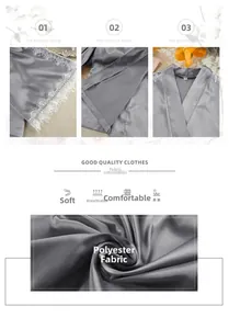 Detailaufnahme der grauen Satin-Nachtwäsche mit Spitzenbesatz und atmungsaktivem Stoff