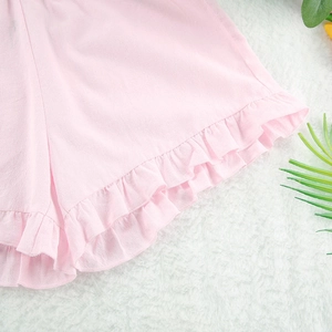 Pink cotton pajamas set with ruffled hem and long sleeves for women loungewear