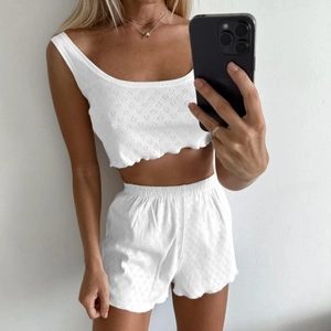 Women's summer white knit 2-piece lounge set with tank top and high-waist shorts
