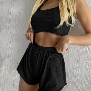 Women's summer knitted lounge set with breathable tank top and elastic shorts in dark grey