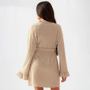 Minimalist beige ribbed knit long sleeve bathrobe with ruffled cuffs and waist tie