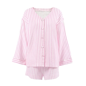 Damen Schlafanzug-Set aus Baumwolle mit rosa Streifen, Langarmshirt und passender Shorts