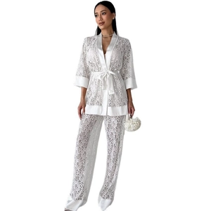 Elegant two-piece white floral lace sleepwear set with kimono robe and wide-leg trousers
