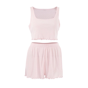 Pink knit lounge set for women featuring sleeveless ruffled tank top and matching shorts