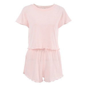 Women's pink knit loungewear set with hollow-out floral pattern and lettuce edge trim