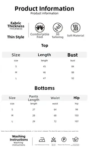 Detailed size chart for white knit jacquard pajama set with top and shorts measurements