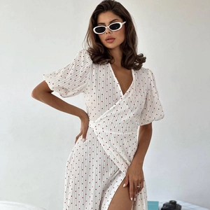 Camisón de Mujer con Cuello en V y Estampado de Corazón Manga Abullonada Vestido de Casa de Algodón Pijama de Verano Largo