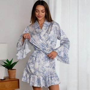 Women Floral Satin Bathrobe Long Sleeve Ruffle Hem Nightgown Toile de Jouy Print Silk Like Tie Waist Sleepwear Robe