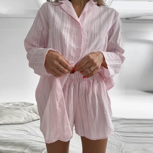 Pyjama Casual 100% Coton Pour Femmes Chemise à Manches Longues Boutonnée Et Short Loungewear Texture Jacquard Homewear