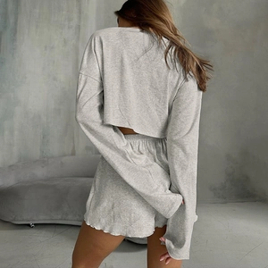 Women two-piece grey marl lounge set with long sleeve crop top and high waist shorts