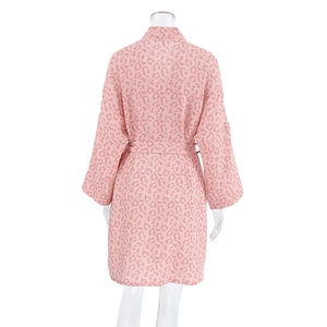 Rear view of pink leopard print cotton bathrobe for women with tie-waist and long sleeves