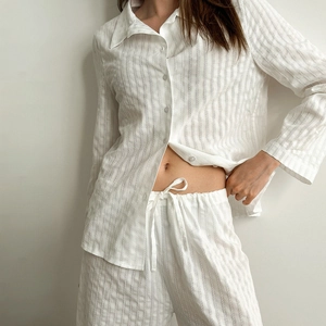 Damen Baumwolle Schlafanzug Set Vertikal Gestreift Langarm Knopfleiste Hemd Und Hose Atmungsaktiv Komfortabel Lounge Set Top And Bottom