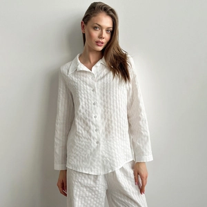 Damen Schlafanzug-Set aus weißer Baumwolle mit atmungsaktiver Streifenstruktur Loungewear