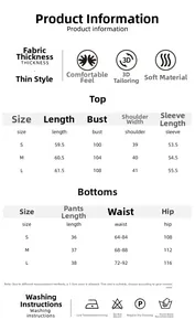 Detailed size chart for cotton loungewear set including bust, waist and hip measurements