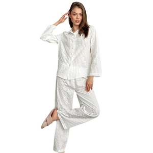 Damen Schlafanzug-Set aus weißer Baumwolle mit langärmligem Hemd und langer Hose