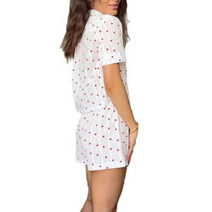 Women's 2-piece cotton pajamas set with red heart print and delicate lace trim